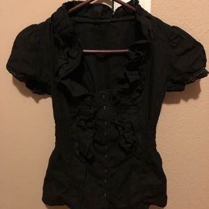 Black ruched waist, button up blouse.